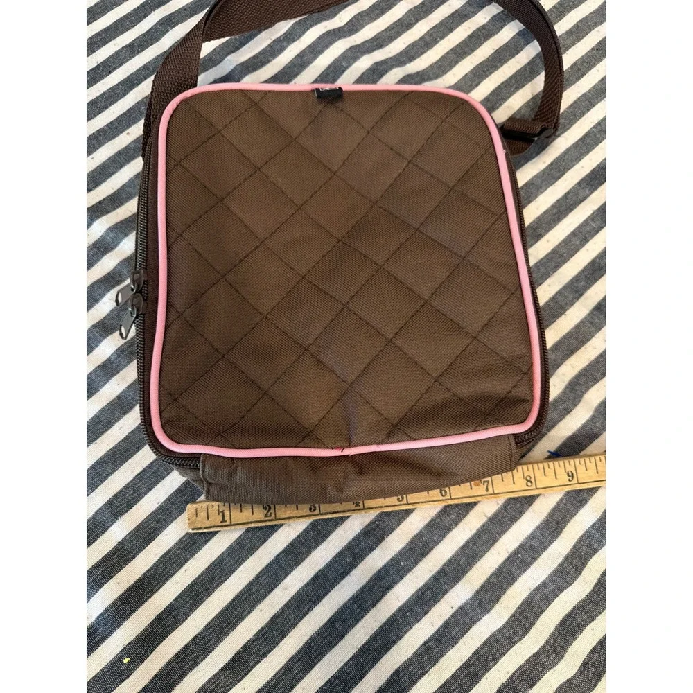 J.L. Childress Brown Pink Quilted Insulated Lunch Bag Adjustable Shoulder Strap